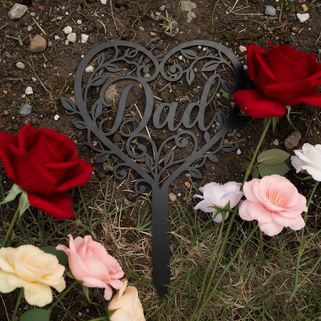 Gedenkstecker „Dad“ mit Blumenherz aus schwarzem Stahl – Bild 9