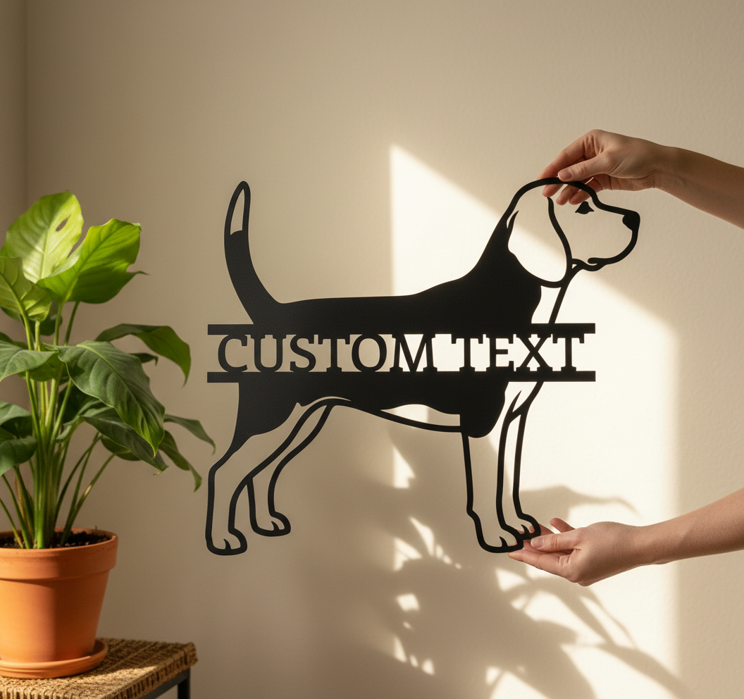 Personalized Beagle metal sign with dog name in black steel
