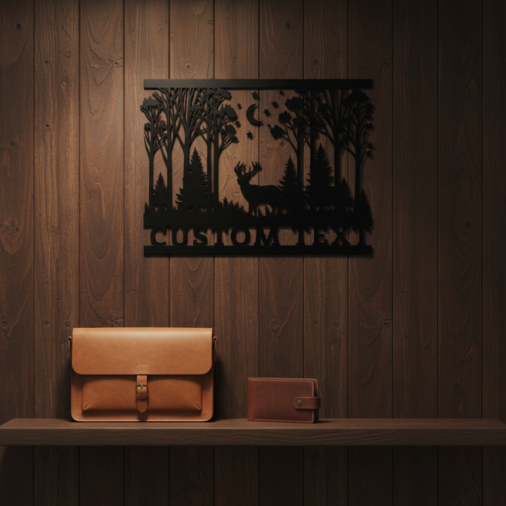 Personalized deer in night forest metal sign with crescent moon in black steel – image 7