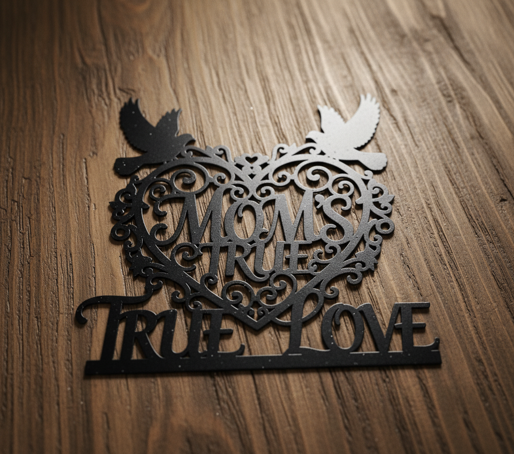 Metallschild Mom’s True Love mit Herz und zwei Tauben aus schwarzem Stahl – Bild 5