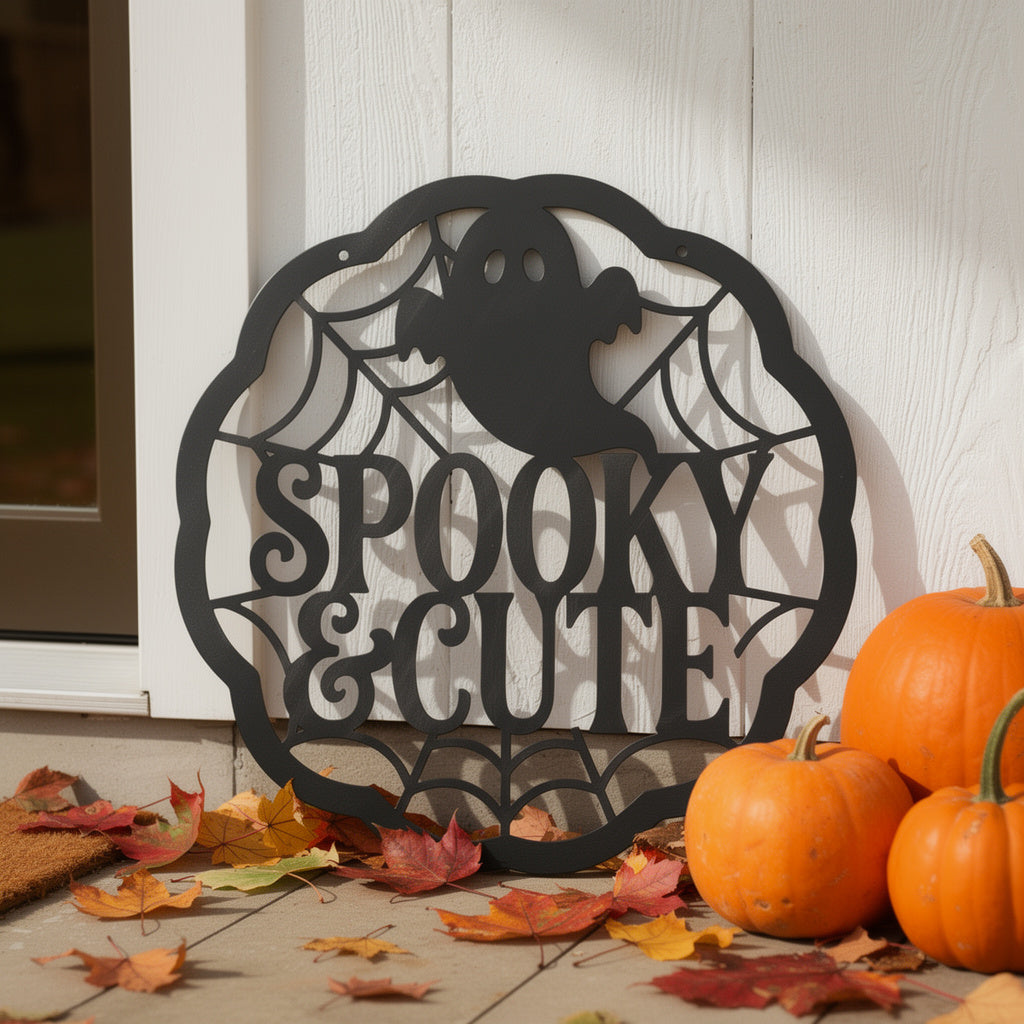 Round Halloween metal sign with cute ghost and spider web in black steel – image 7