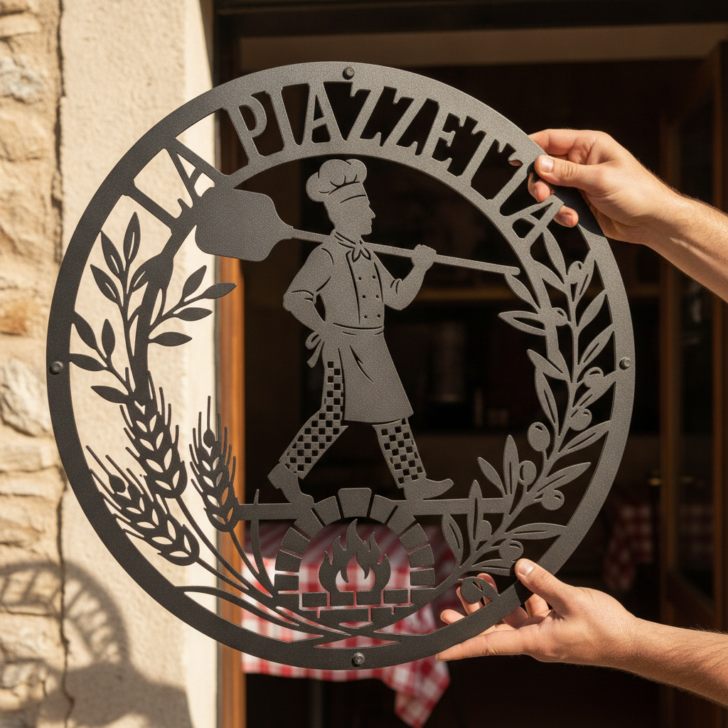 Personalized pizzeria metal sign with name in black steel for the kitchen – image 6