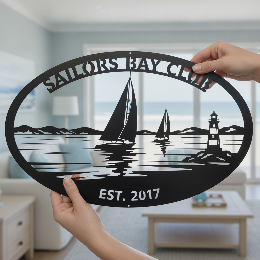 Personalized oval sailing club sign with sailboat and lighthouse in black steel – image 9