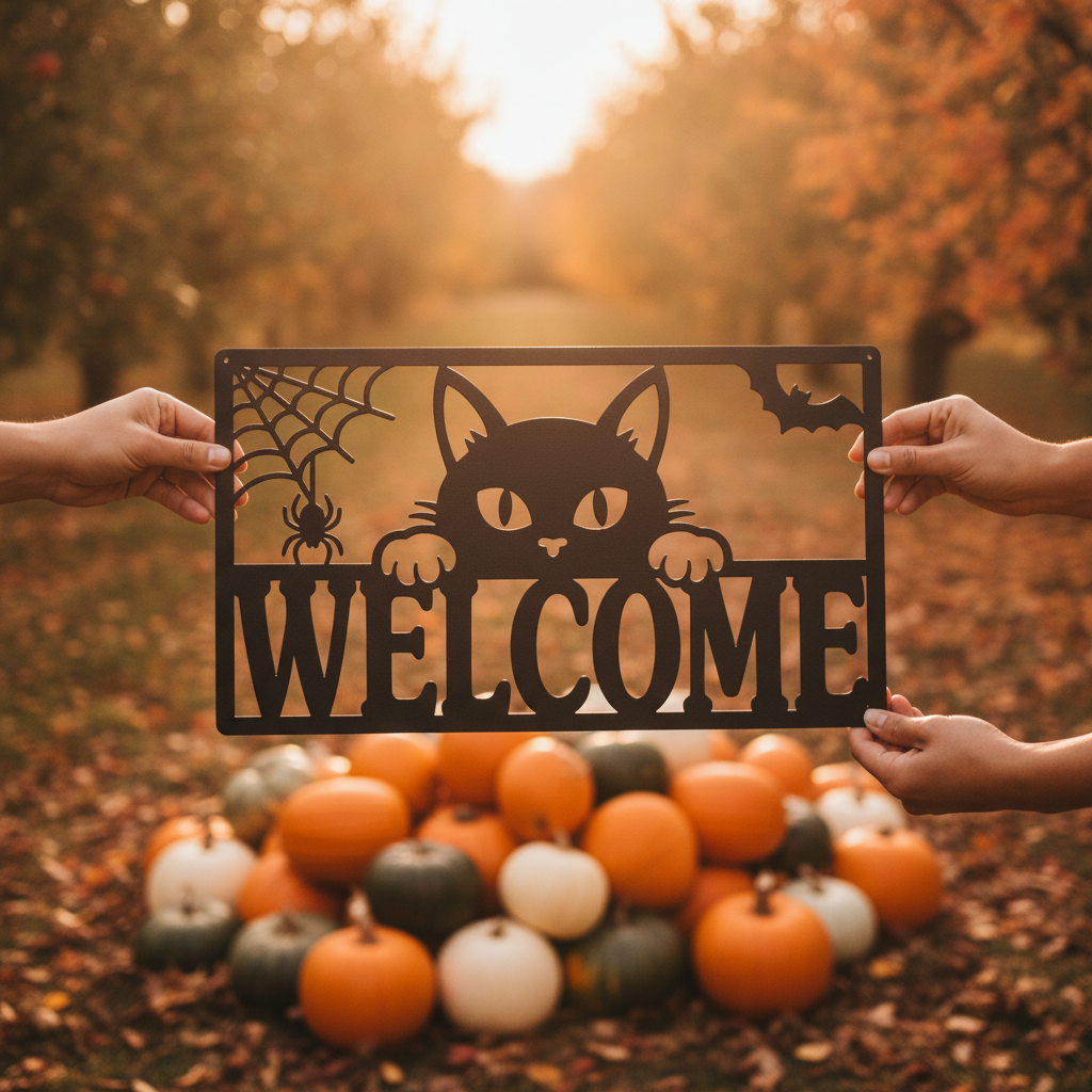 Halloween Willkommensschild mit schwarzer Katze aus schwarzem Stahl – Bild 3