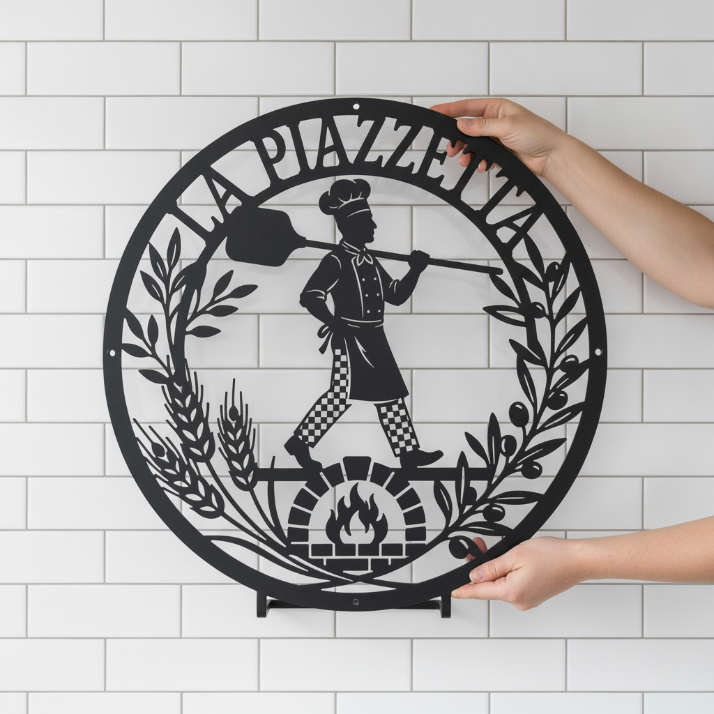 Personalized pizzeria metal sign with name in black steel for the kitchen – image 7