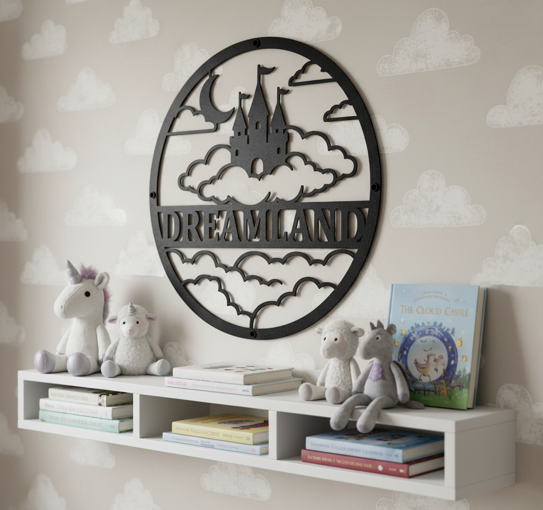 Personalized fairy tale castle in the clouds kids name sign in black steel – image 2