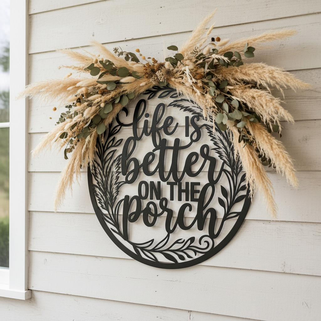 Rundes Boho Metallschild mit Pampasgras und Spruch aus schwarzem Stahl – Bild 3