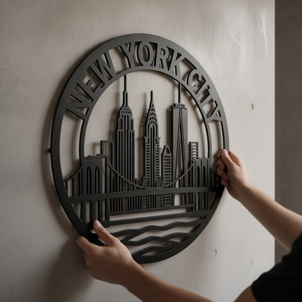 Round New York City skyline metal sign with Manhattan silhouette in black steel – image 2