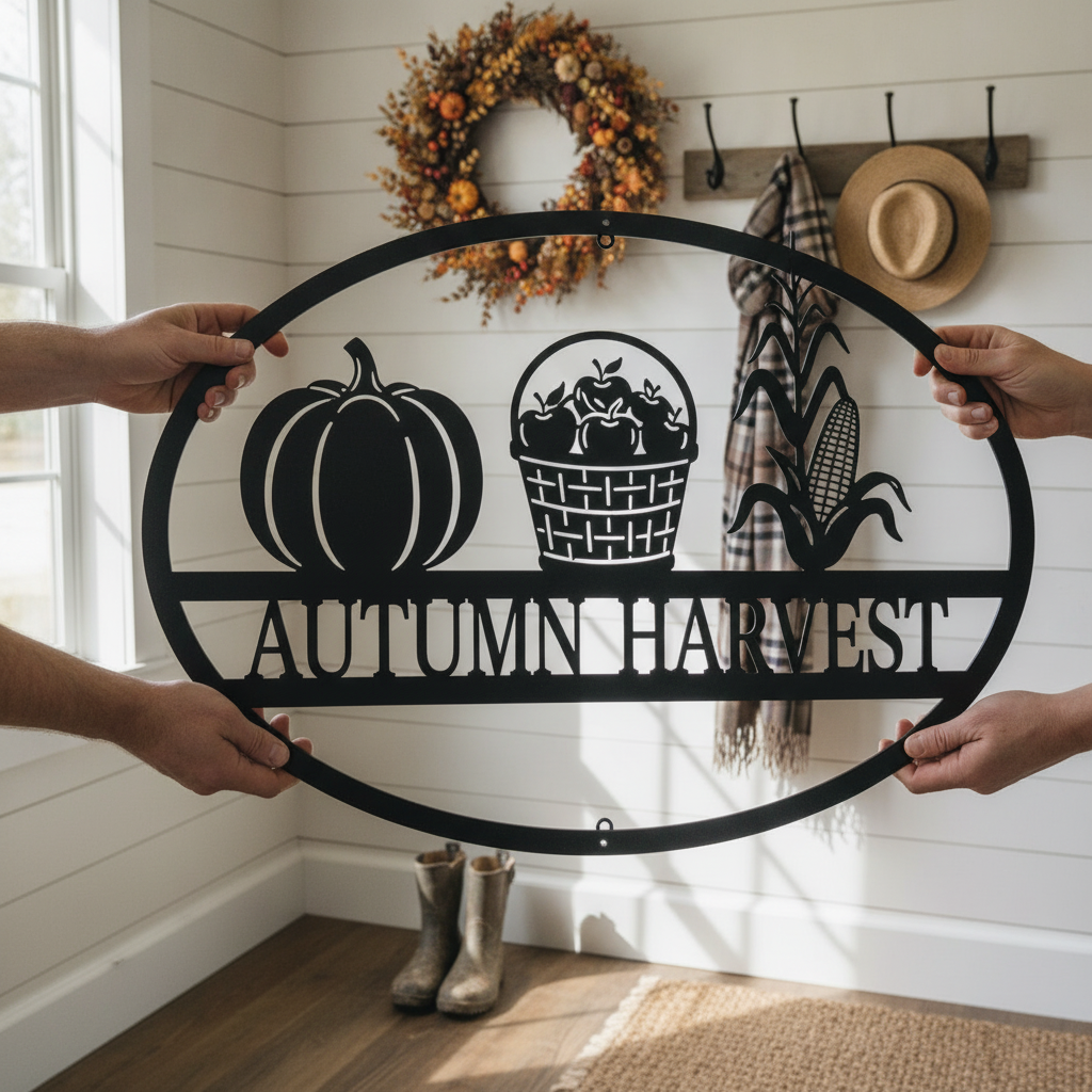 Oval Autumn Harvest metal sign with pumpkins and fall leaves in black steel – image 8