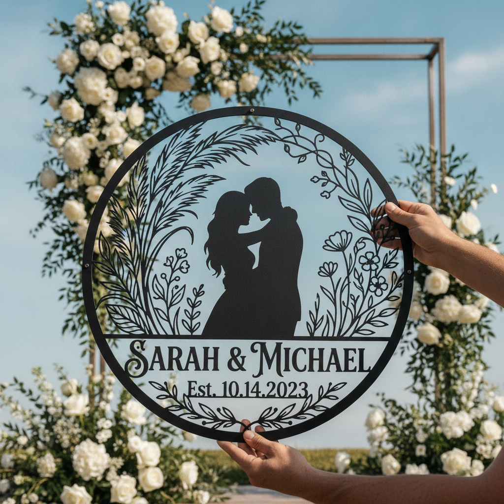 Personalisiertes Hochzeitspaar Metallschild Just Married mit Namen und Datum – Bild 5