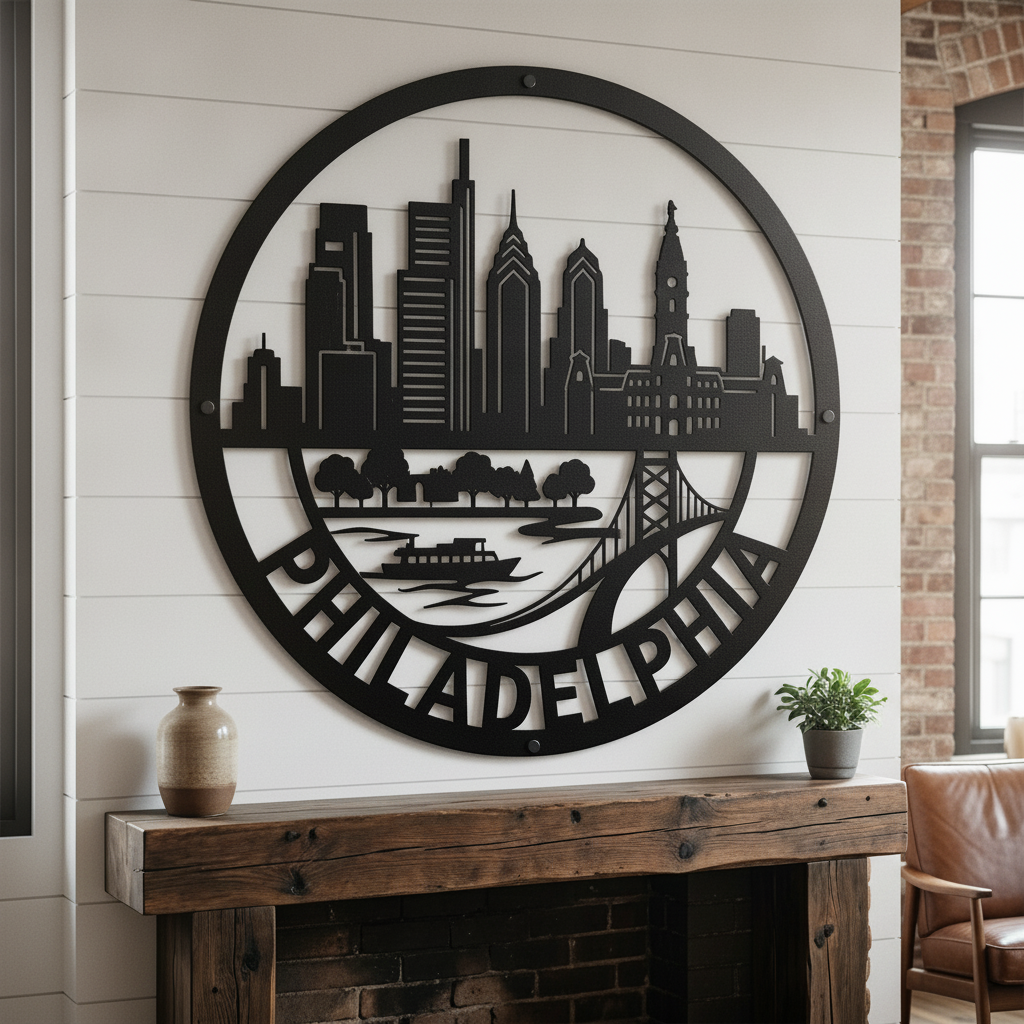 Round Philadelphia skyline metal sign with bridge in black steel – image 2