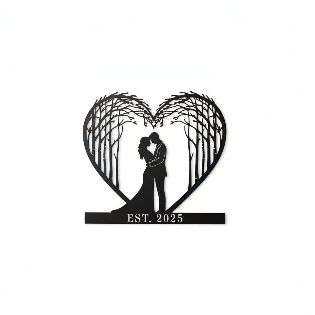 Personalized couple tree metal sign with heart, names and year in black steel – image 2