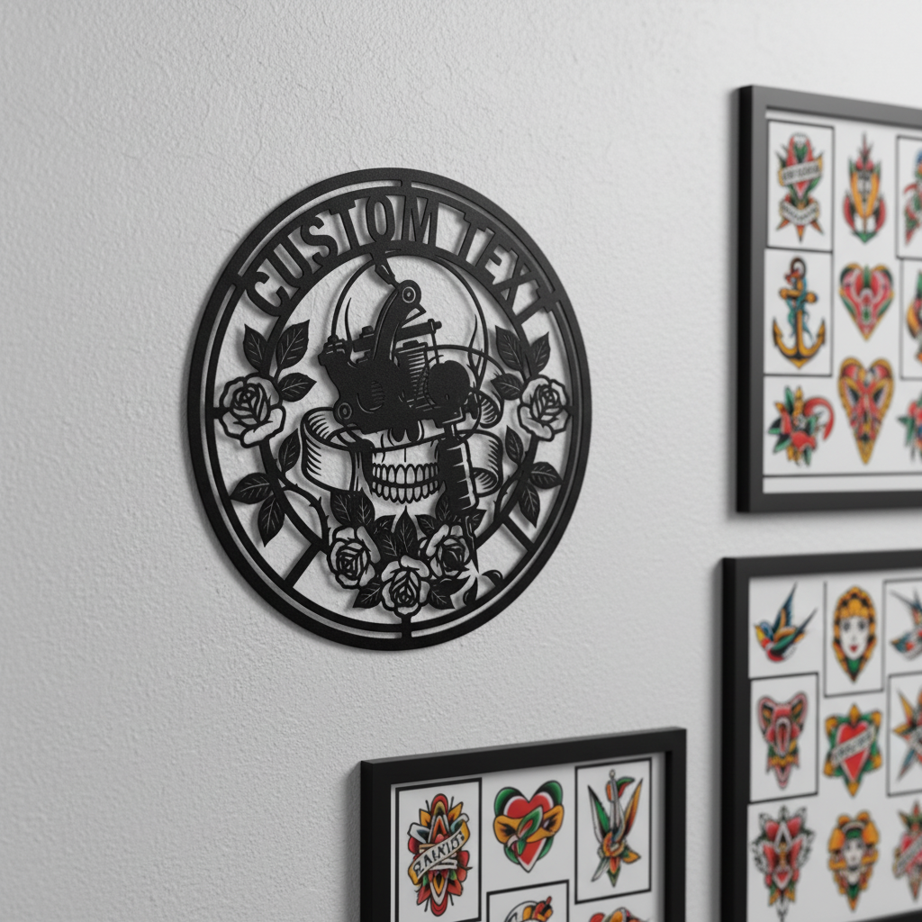 Personalisiertes Tattoostudio Metallschild rund mit Tattoomaschine, Totenkopf und Rosen – Bild 7