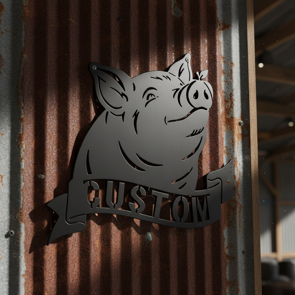 Personalisiertes Schweinekopf Metallschild mit Apfel und Namensband aus schwarzem Stahl – Bild 6
