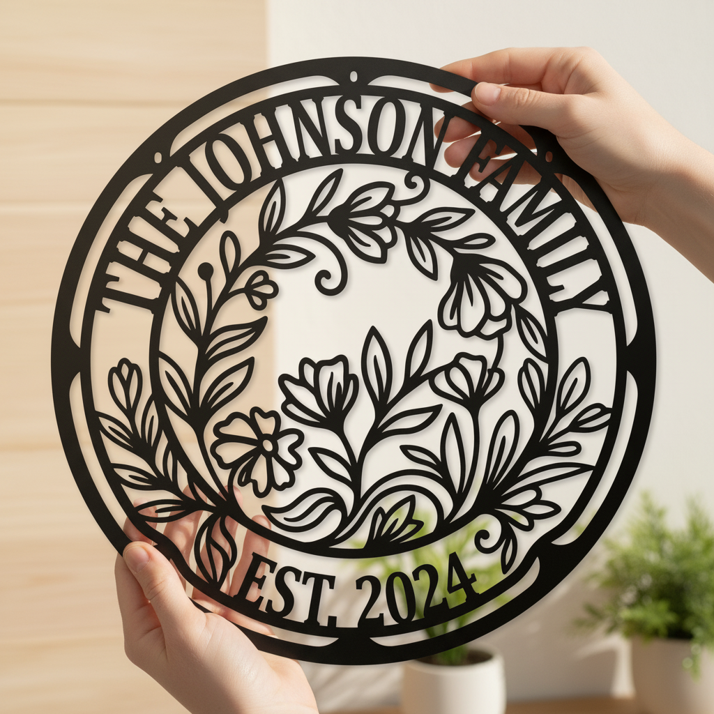 Personalisiertes rundes Familienschild mit Blumenkranz aus schwarzem Stahl