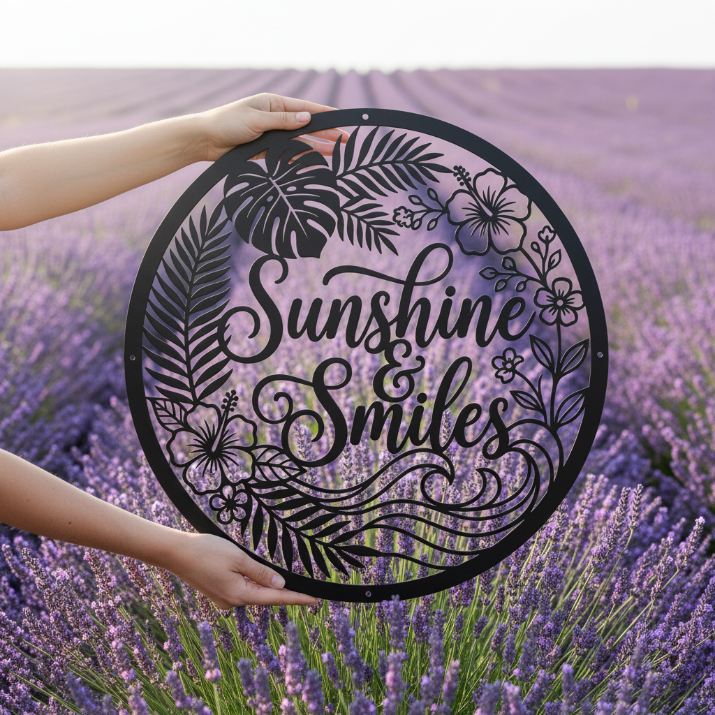 Personalisiertes Sommerschild Sunshine and Smiles mit Sonne und Palmen aus Stahl – Bild 8