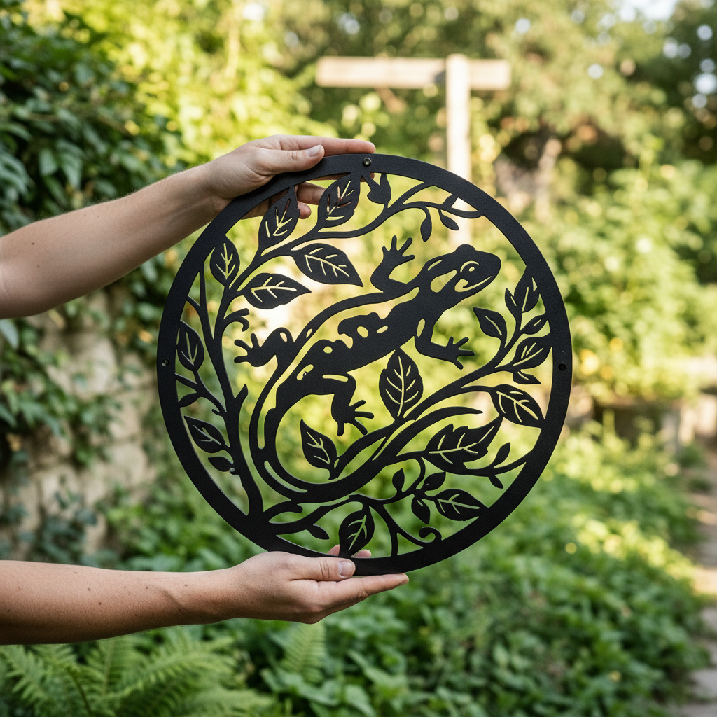 Gecko Eidechse im Blätterkranz Metallschild rund – Bild 3