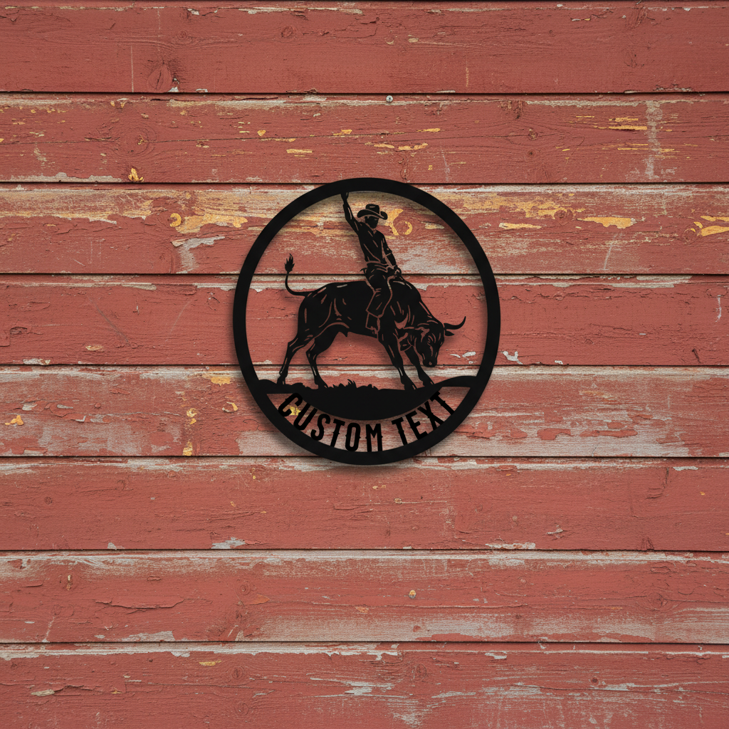 Personalized round rodeo bull rider metal sign with name in black steel – image 5