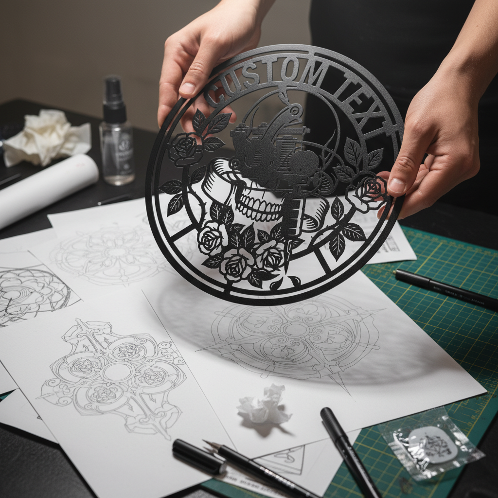 Personalisiertes Tattoostudio Metallschild rund mit Tattoomaschine, Totenkopf und Rosen – Bild 4