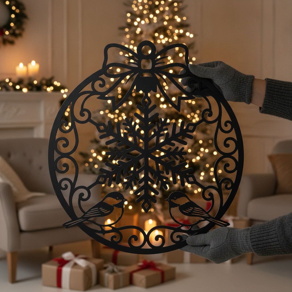 Schneeflocke mit Meisen Weihnachtsornament aus Metall – Bild 1