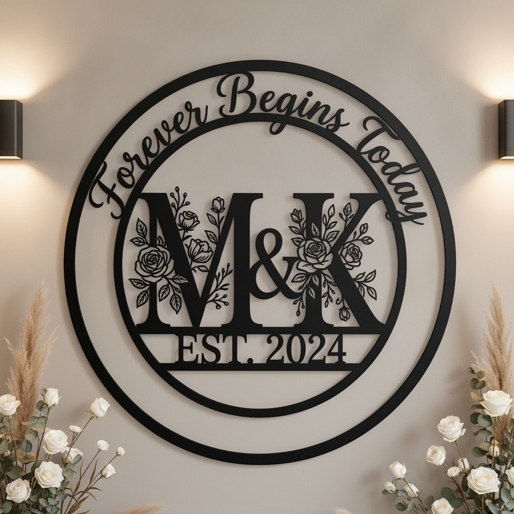 Personalisiertes Hochzeitsschild Forever Begins Today mit Monogramm, Namen und Datum – Bild 5
