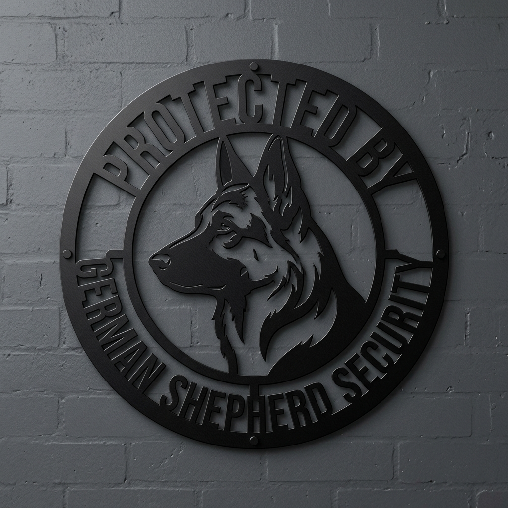 Rundes Schäferhund Warnschild Protected by German Shepherd aus schwarzem Stahl