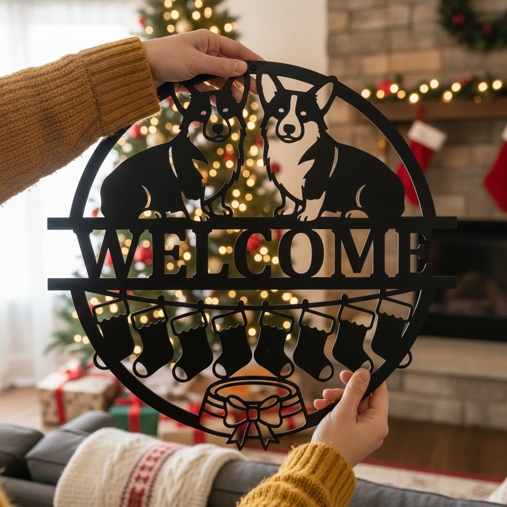 Round corgi Christmas welcome sign with stockings in black steel – image 9