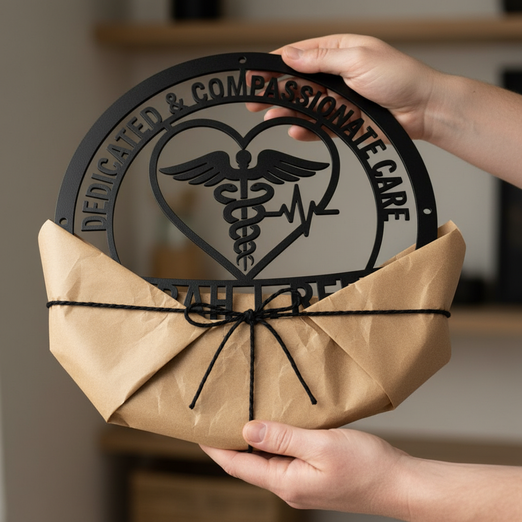 Personalized Compassionate Care nurse sign with caduceus and name in black steel – image 2