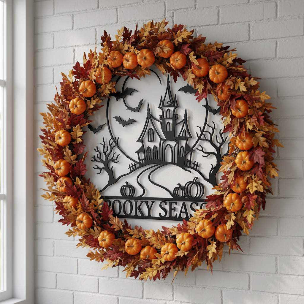 Personalisiertes Halloween Schild mit Spukhaus und Spooky Season aus schwarzem Stahl – Bild 5