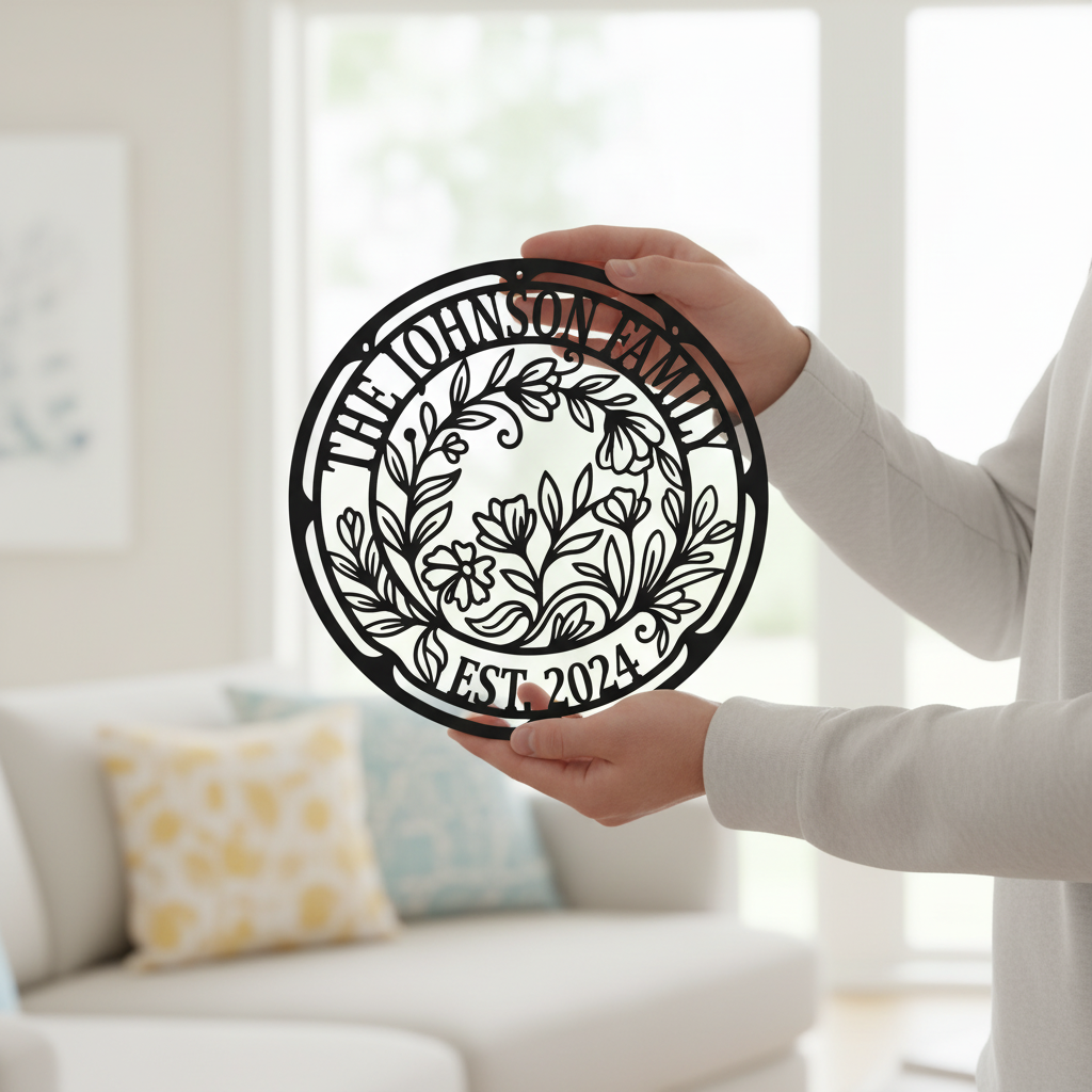 Personalisiertes rundes Familienschild mit Blumenkranz aus schwarzem Stahl – Bild 4