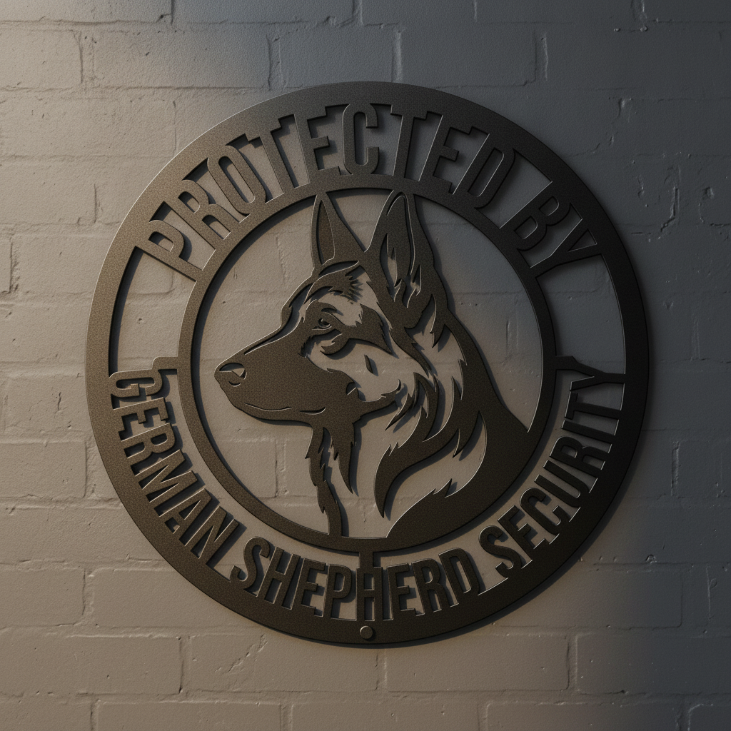 Rundes Schäferhund Warnschild Protected by German Shepherd aus schwarzem Stahl – Bild 7