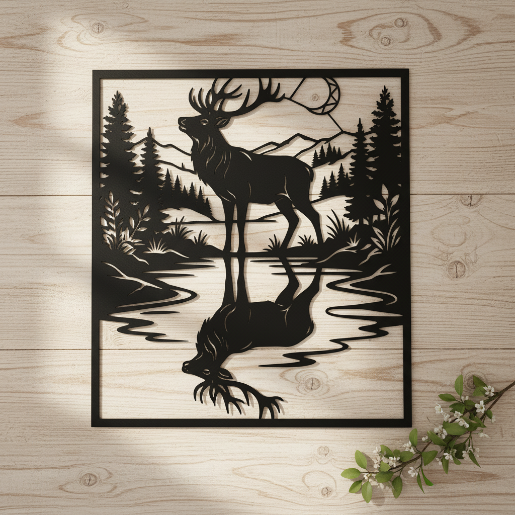 Hirsch mit Spiegelbild im See vor Bergen und Tannenwald, quadratisches Metallschild – Bild 8