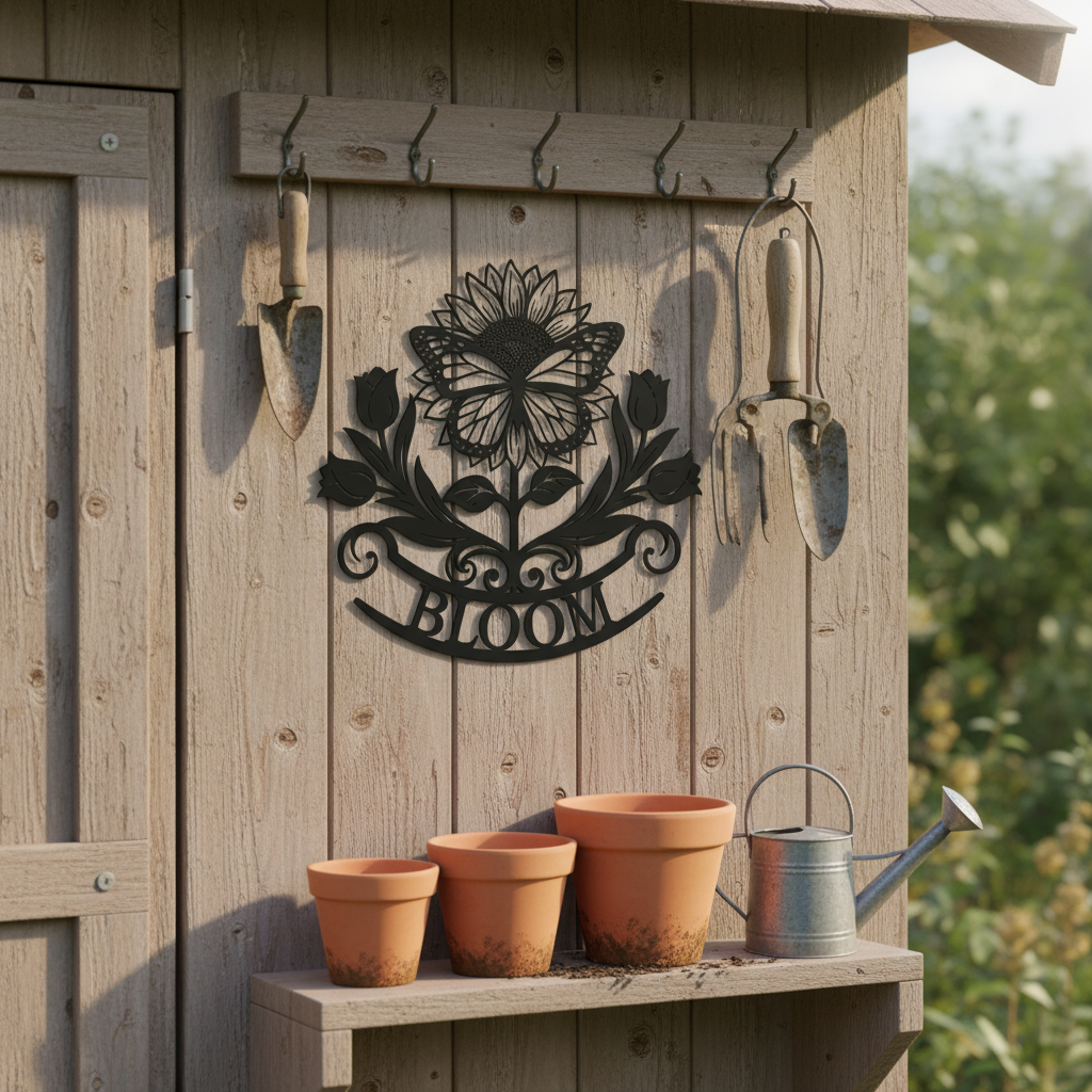 Bloom metal sign with sunflower, tulips and butterfly in black steel – image 3