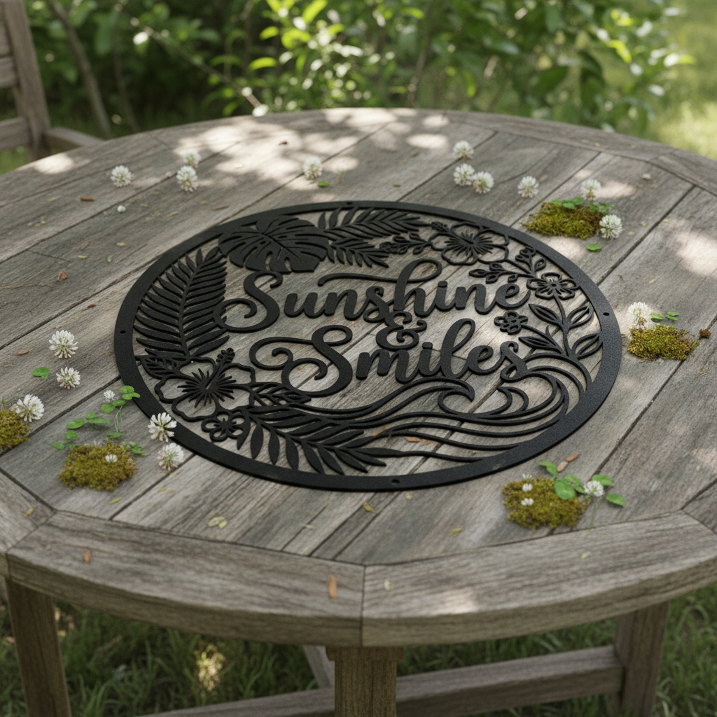 Personalisiertes Sommerschild Sunshine and Smiles mit Sonne und Palmen aus Stahl – Bild 6