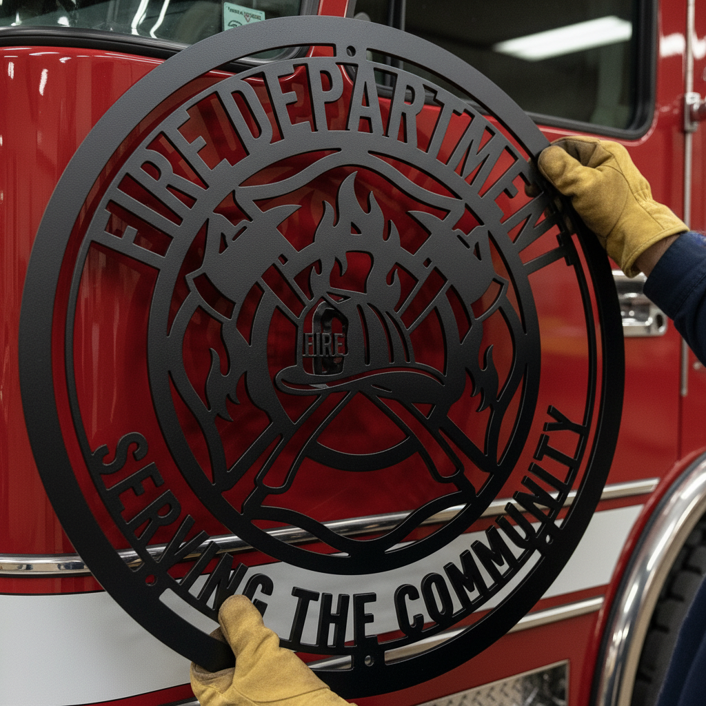Personalized firefighter metal sign with fireman in helmet and gear in black steel – image 7