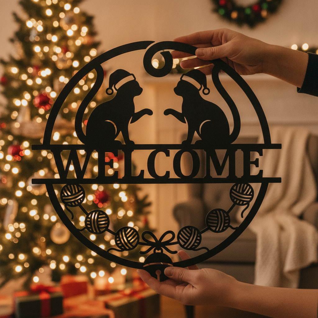 Personalisiertes Weihnachtskatze Willkommensschild mit Namen aus schwarzem Stahl – Bild 3