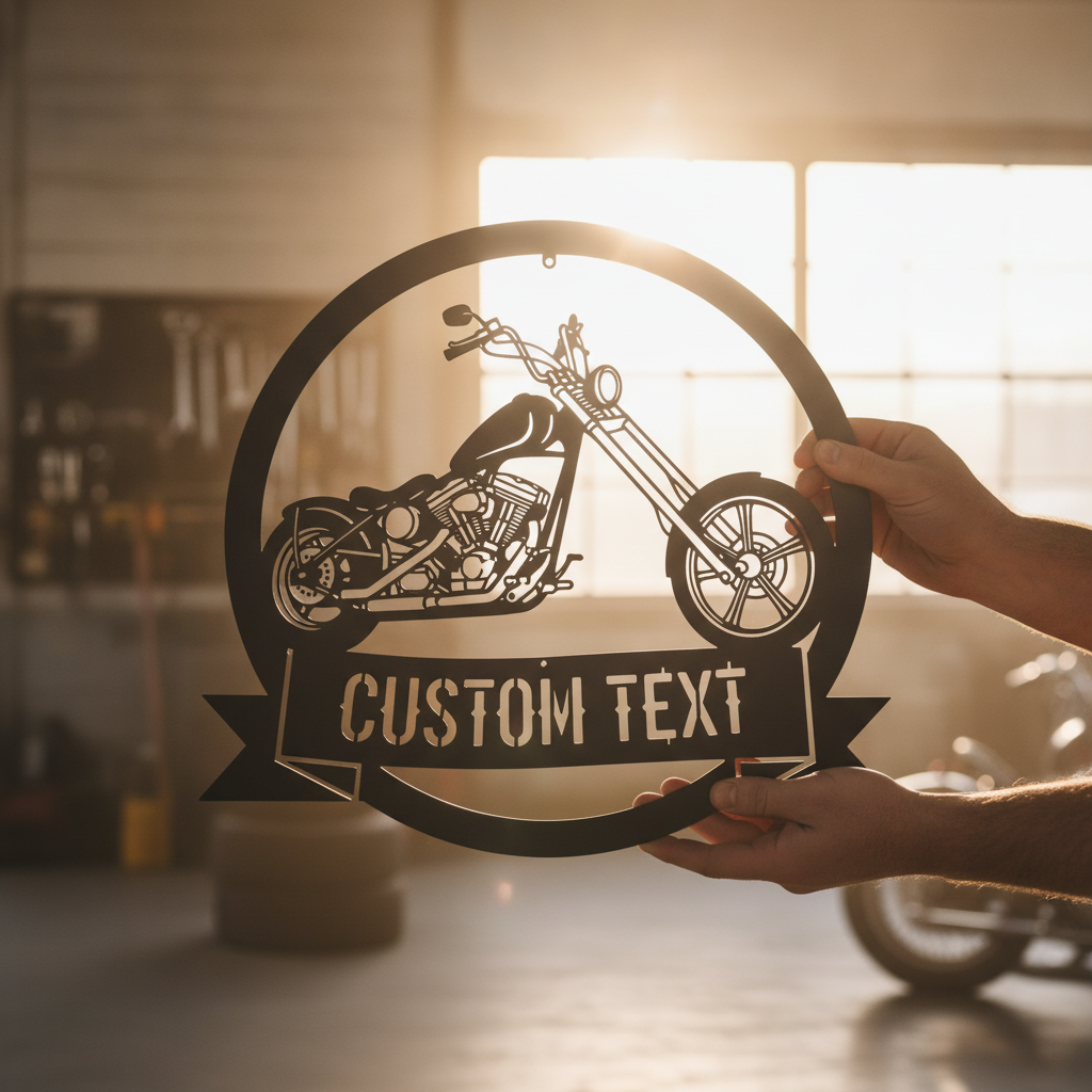 Personalized chopper motorcycle garage sign with name in black steel – image 7