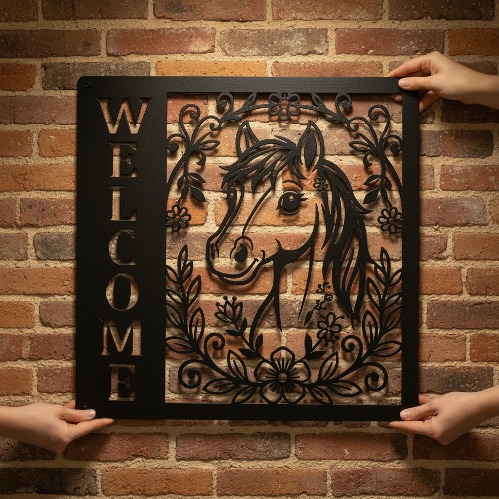 Floral horse head welcome sign in vertical format made of black steel – image 10
