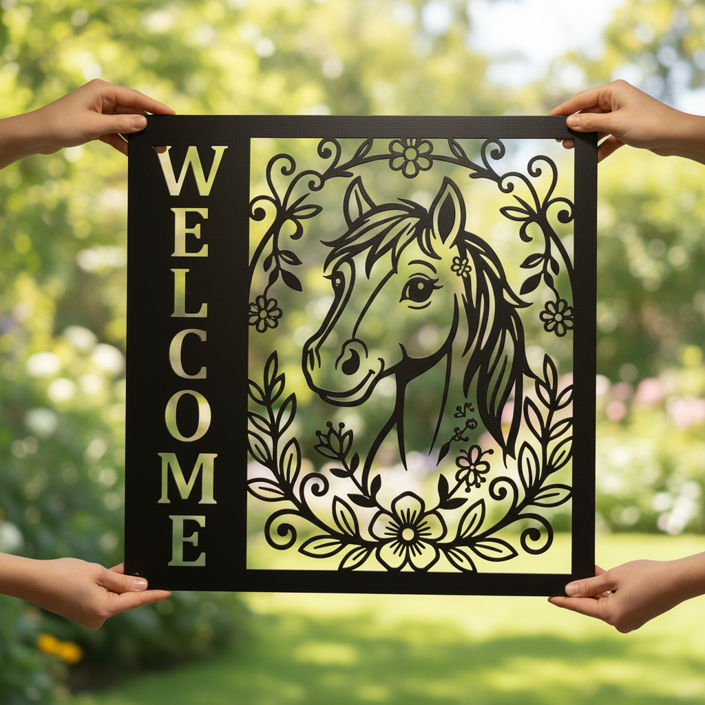 Floral horse head welcome sign in vertical format made of black steel – image 11