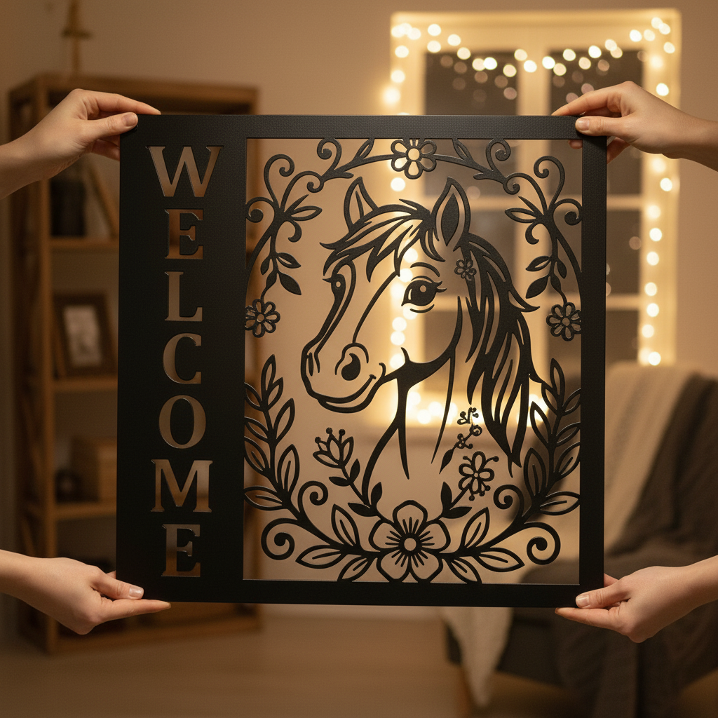 Floral horse head welcome sign in vertical format made of black steel – image 12