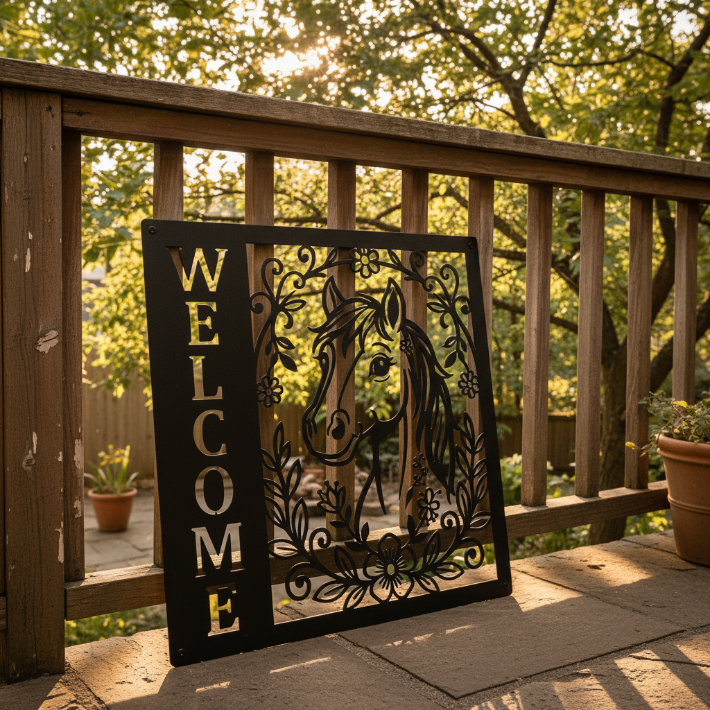 Floral horse head welcome sign in vertical format made of black steel – image 13