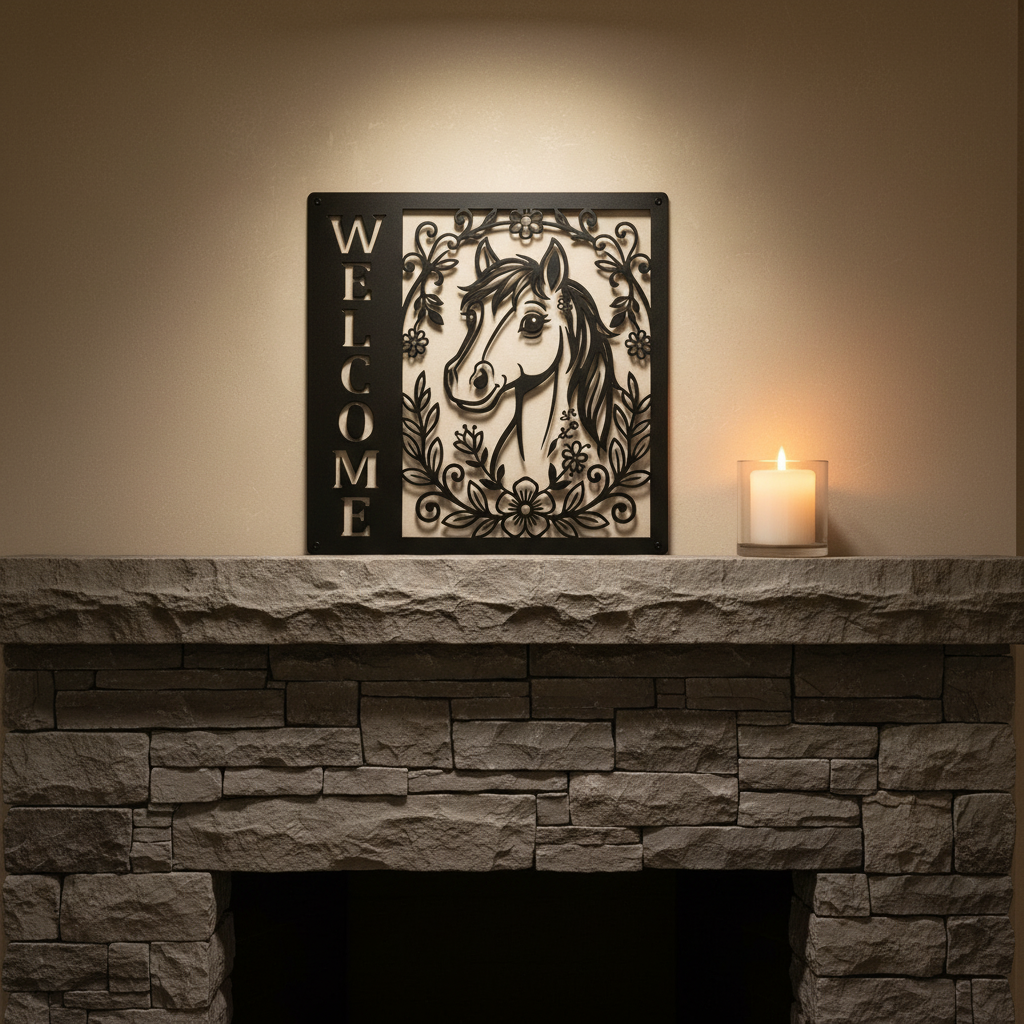 Floral horse head welcome sign in vertical format made of black steel – image 14