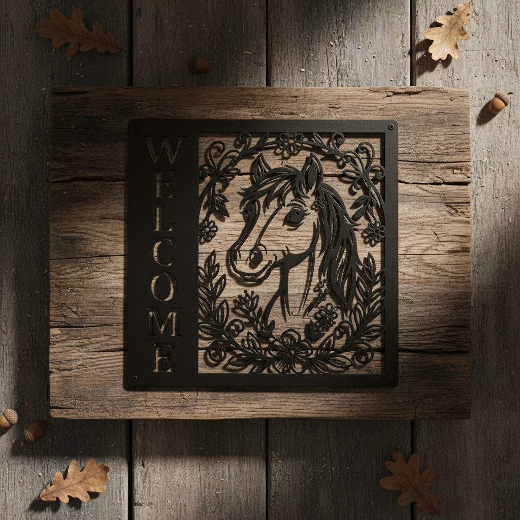Floral horse head welcome sign in vertical format made of black steel – image 15