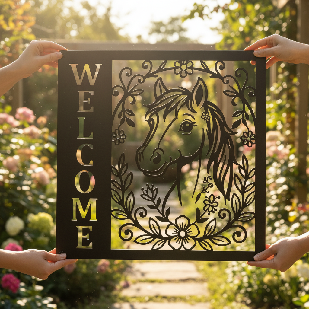Floral horse head welcome sign in vertical format made of black steel – image 16