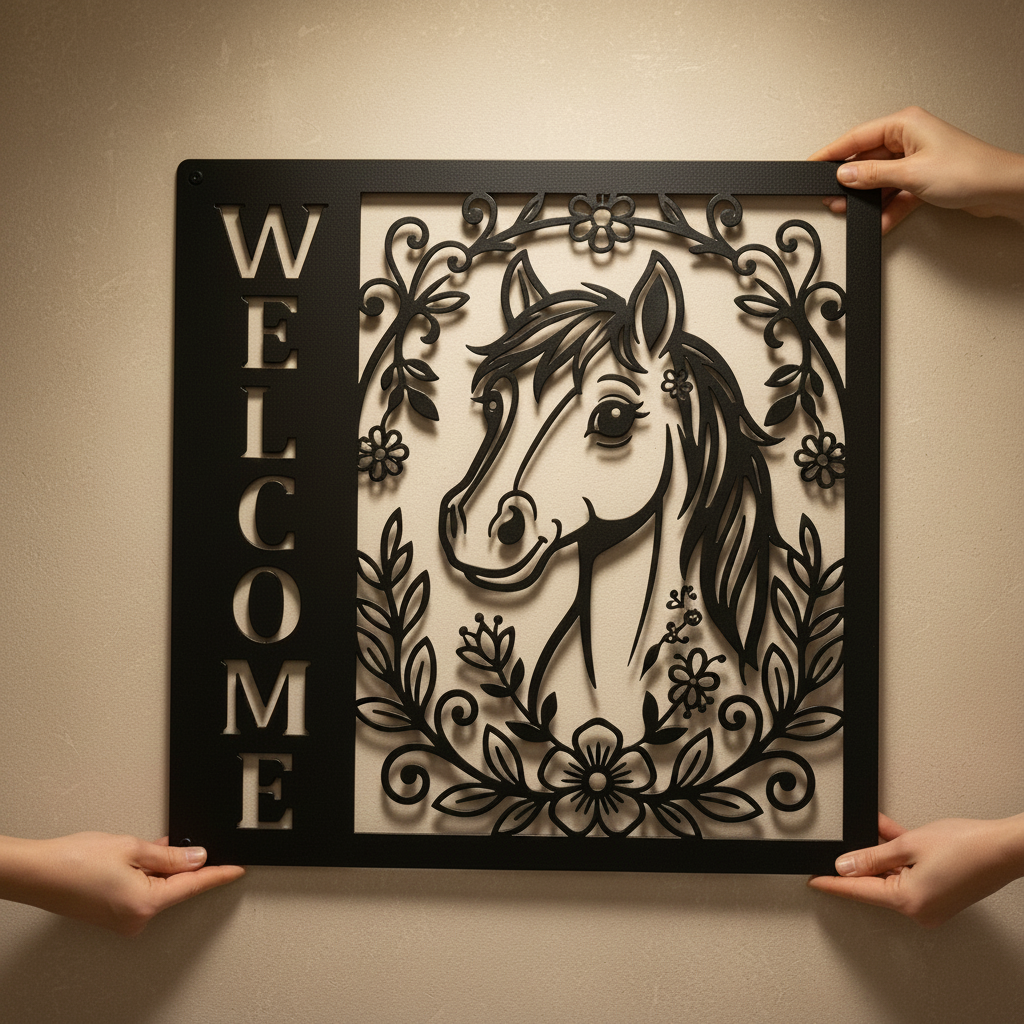 Floral horse head welcome sign in vertical format made of black steel – image 17