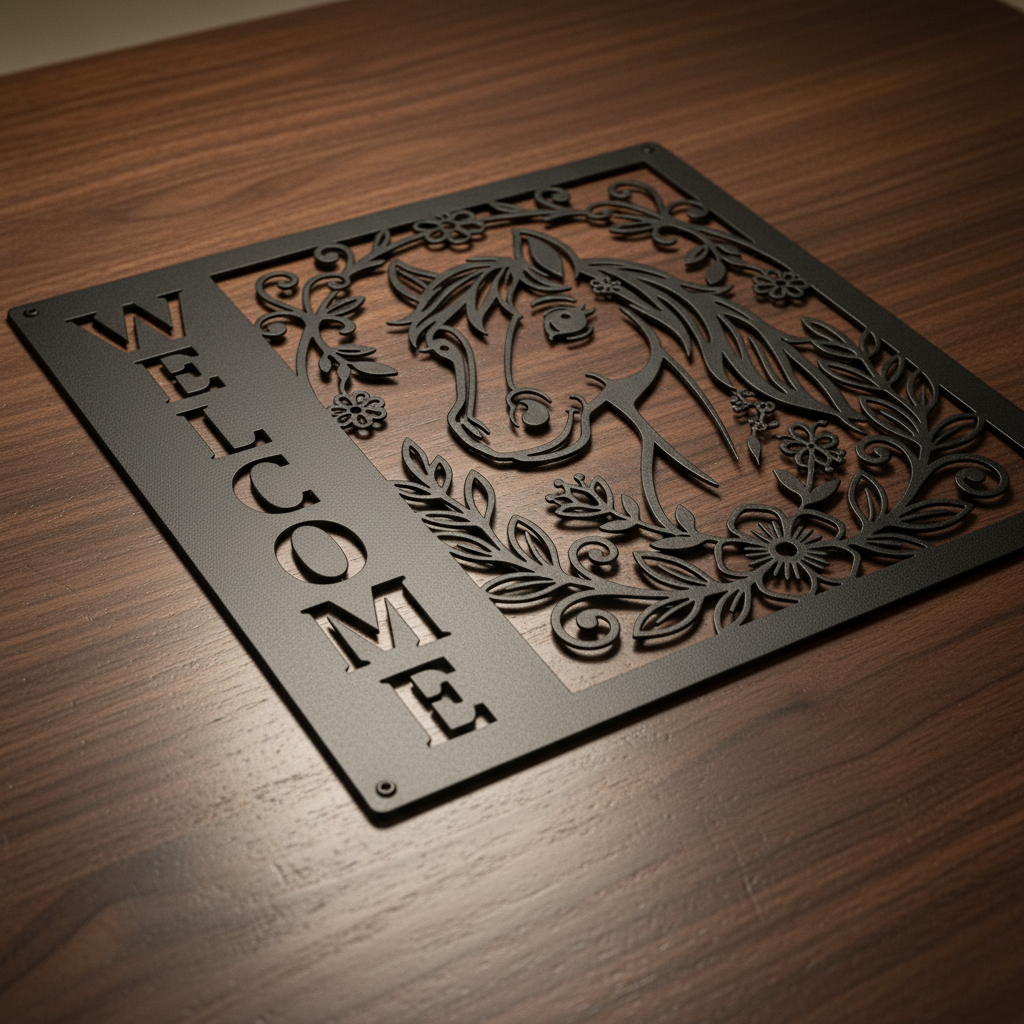 Floral horse head welcome sign in vertical format made of black steel – image 18