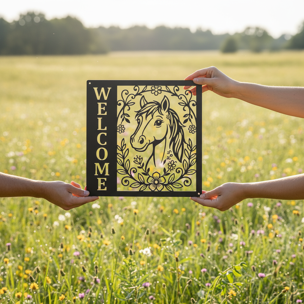 Floral horse head welcome sign in vertical format made of black steel – image 5