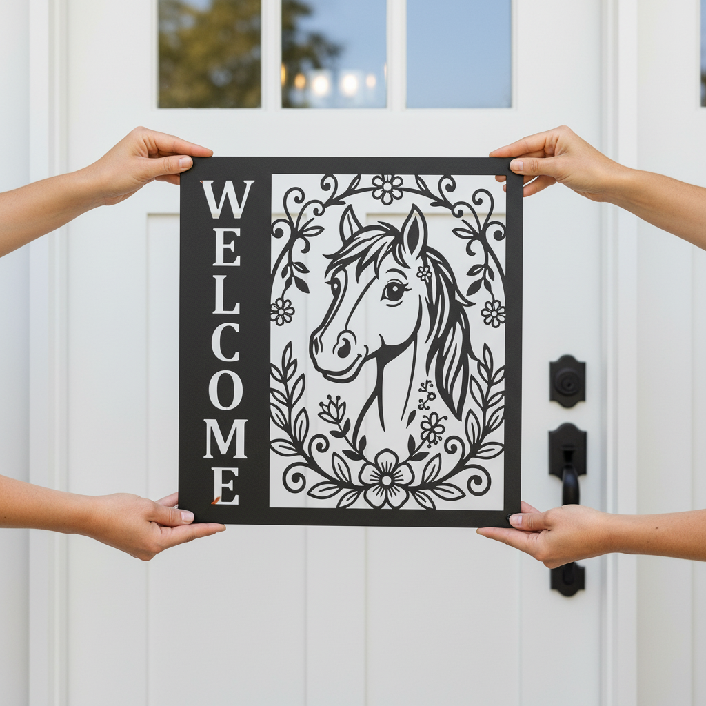 Floral horse head welcome sign in vertical format made of black steel – image 6