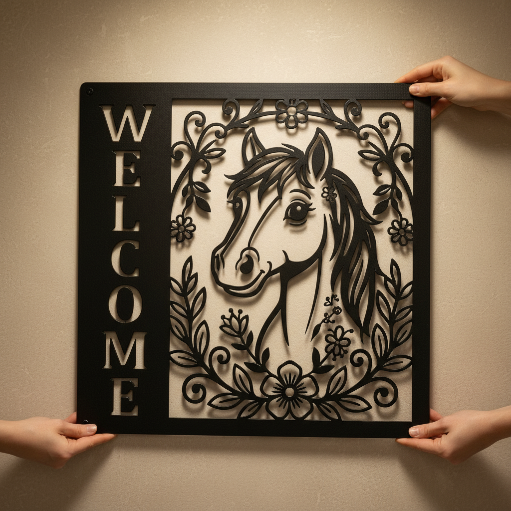 Floral horse head welcome sign in vertical format made of black steel – image 7