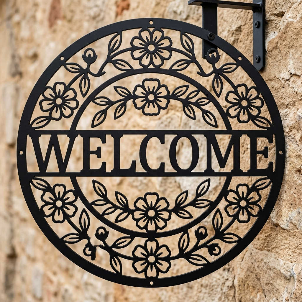 Round floral welcome metal sign with flower and leaf wreath in black steel